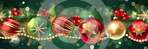 Christmas holiday banner green background with colored balls, golden stars, pine branches and Christmas decorations