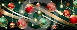 Christmas holiday banner green background with colored balls, golden stars, pine branches and Christmas decorations