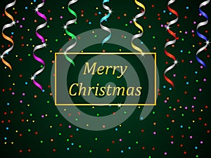 Christmas holiday banner. Green gradient background with colorful streamer and confetti