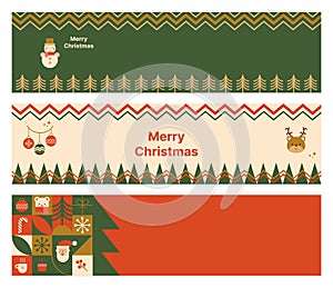 Christmas holiday banner set with geometric mosaic elements, winter festive symbols, Santa, Christmas tree in vector