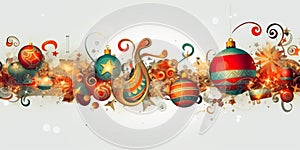 Christmas holiday banner white background with colored balls, gold stars and Christmas decorations.