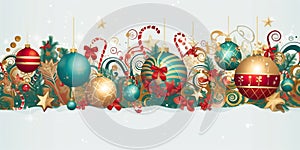 Christmas holiday banner white background with colored balls, gold stars and Christmas decorations.