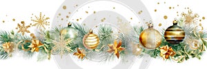 Christmas holiday banner white background with colored balls, golden stars, pine branches and Christmas decorations.