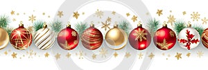 Christmas holiday banner white background with colored balls, golden stars, pine branches and Christmas decorations.