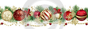 Christmas holiday banner white background with colored balls, golden stars, pine branches and Christmas decorations.