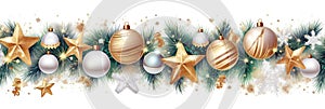 Christmas holiday banner white background with colored balls, golden stars, pine branches and Christmas decorations.
