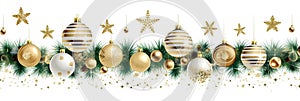 Christmas holiday banner white background with colored balls, golden stars, pine branches and Christmas decorations.