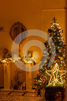 Christmas holiday. Beautifully decorated house with Christmas tree and Christmas presents