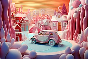 christmas holiday car gift retro candy winter merry snow festive. Generative AI.