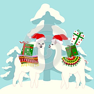Christmas holiday card with cute llamas