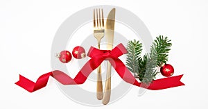 Christmas holiday celebration dinner. New Year table setting isolated on white overhead