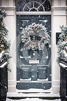 Christmas holiday, country cottage and snowing winter, wreath decoration on a door, Merry Christmas and Happy Holidays