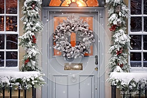 Christmas holiday, country cottage and snowing winter, wreath decoration on a door, Merry Christmas and Happy Holidays