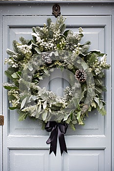 Christmas holiday, country cottage and snowing winter, wreath decoration on a door, Merry Christmas and Happy Holidays