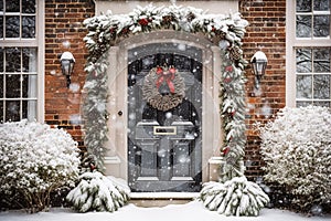 Christmas holiday, country cottage and snowing winter, wreath decoration on a door, Merry Christmas and Happy Holidays