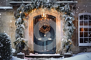 Christmas holiday, country cottage and snowing winter, wreath decoration on a door, Merry Christmas and Happy Holidays