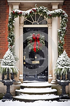 Christmas holiday, country cottage and snowing winter, wreath decoration on a door, Merry Christmas and Happy Holidays wishes,