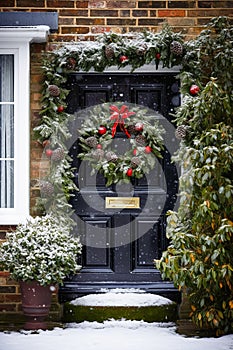 Christmas holiday, country cottage and snowing winter, wreath decoration on a door, Merry Christmas and Happy Holidays wishes,