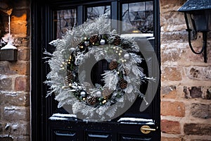 Christmas holiday, country cottage and snowing winter, wreath decoration on a door, Merry Christmas and Happy Holidays wishes,