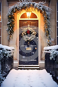 Christmas holiday, country cottage and snowing winter, wreath decoration on a door, Merry Christmas and Happy Holidays wishes,