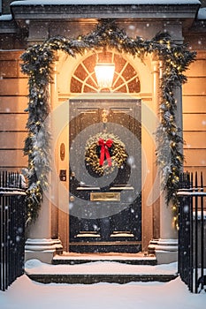 Christmas holiday, country cottage and snowing winter, wreath decoration on a door, Merry Christmas and Happy Holidays wishes,