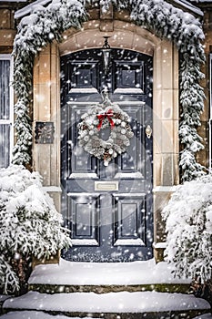 Christmas holiday, country cottage and snowing winter, wreath decoration on a door, Merry Christmas and Happy Holidays wishes,