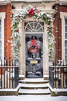 Christmas holiday, country cottage and snowing winter, wreath decoration on a door, Merry Christmas and Happy Holidays wishes,