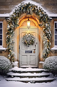 Christmas holiday, country cottage and snowing winter, wreath decoration on a door, Merry Christmas and Happy Holidays wishes,