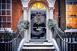 Christmas holiday, country cottage and snowing winter, wreath decoration on a door, Merry Christmas and Happy Holidays wishes,