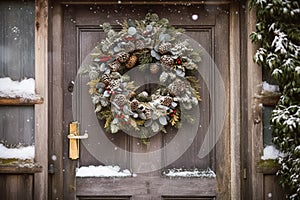 Christmas holiday, country cottage and snowing winter, wreath decoration on a door, Merry Christmas and Happy Holidays wishes,