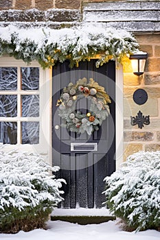 Christmas holiday, country cottage and snowing winter, wreath decoration on a door, Merry Christmas and Happy Holidays wishes,