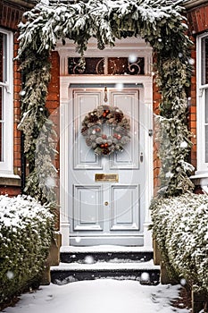 Christmas holiday, country cottage and snowing winter, wreath decoration on a door, Merry Christmas and Happy Holidays wishes,