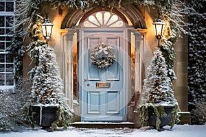 Christmas holiday, country cottage and snowing winter, wreath decoration on a door, Merry Christmas and Happy Holidays wishes,