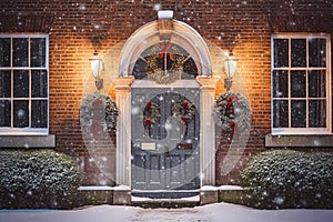 Christmas holiday, country cottage and snowing winter, wreath decoration on a door, Merry Christmas and Happy Holidays wishes,