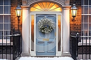 Christmas holiday, country cottage and snowing winter, wreath decoration on a door, Merry Christmas and Happy Holidays wishes,