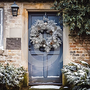 Christmas holiday, country cottage and snowing winter, wreath decoration on a door, Merry Christmas and Happy Holidays wishes,