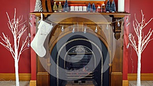 Christmas holiday decorated mantelpiece and fire place photo