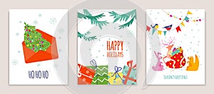 Christmas holiday decoration greeting card set, happy xmas hohoho text poster, concept winter element flat vector