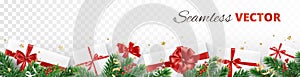 Christmas holiday decoration, seamless vector. Realistic fir tree branches and presents on white background. Gift boxes