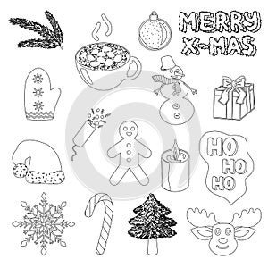 Christmas holiday elements in black and white, coloring book, vector