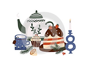 Christmas holiday food desserts cake, cupcake, hot teapot with cup of tea, candle