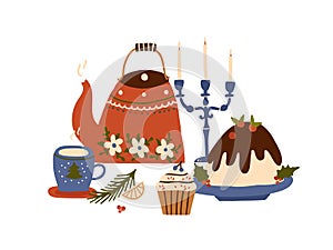 Christmas holiday food desserts cake, cupcake, hot teapot with cup of tea, candle