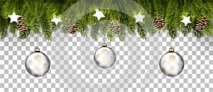 Christmas holiday frame with branches of tree garland and pines on transparent background