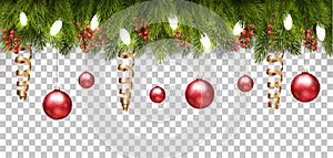 Christmas holiday frame with branches of tree and a red balls on transparent background