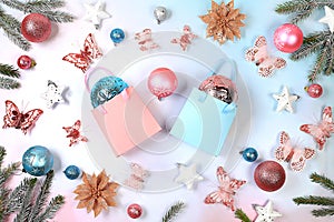 Christmas holiday gift boxes and packages on bokeh background, New Year sales and shopping concept, Black Friday, store