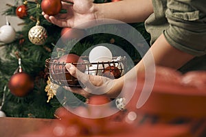 Christmas holiday green and red decoration. Guy`s hands ornamenting the pine tree with a white ball decoration