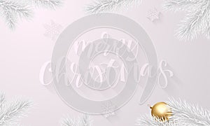 Christmas holiday greeting card background template of golden ball decorations on Christmas tree branches. Vector New Year quote t