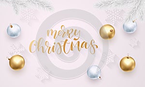 Christmas holiday greeting card background template of golden ball decorations and gold quote text calligraphy on Christmas tree.