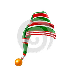 Christmas holiday hat.3D, funky red and green stripped cartoon christmas vector elf hat isolated vector, kids elf hat