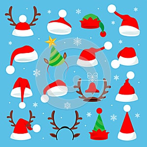 Christmas holiday hat. Funny 3d elf, snow reindeer and Santa Claus hats for noel.